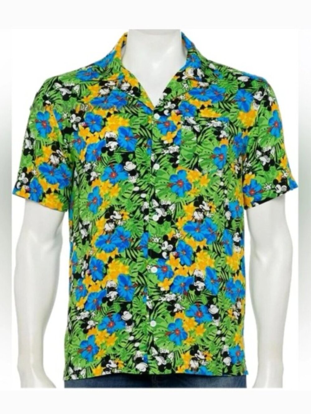 Disney Brand Men's Medium Tropical Button Down Hawaiian Shirt Green Mickey Mouse